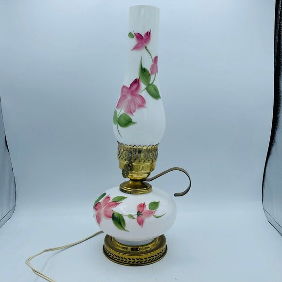 Other - Vintage White Milk Glass Floral Hurricane Top Oil Style Nightstand Lamp